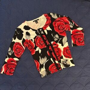 WHBM Floral Cardigan with Red and Black Roses